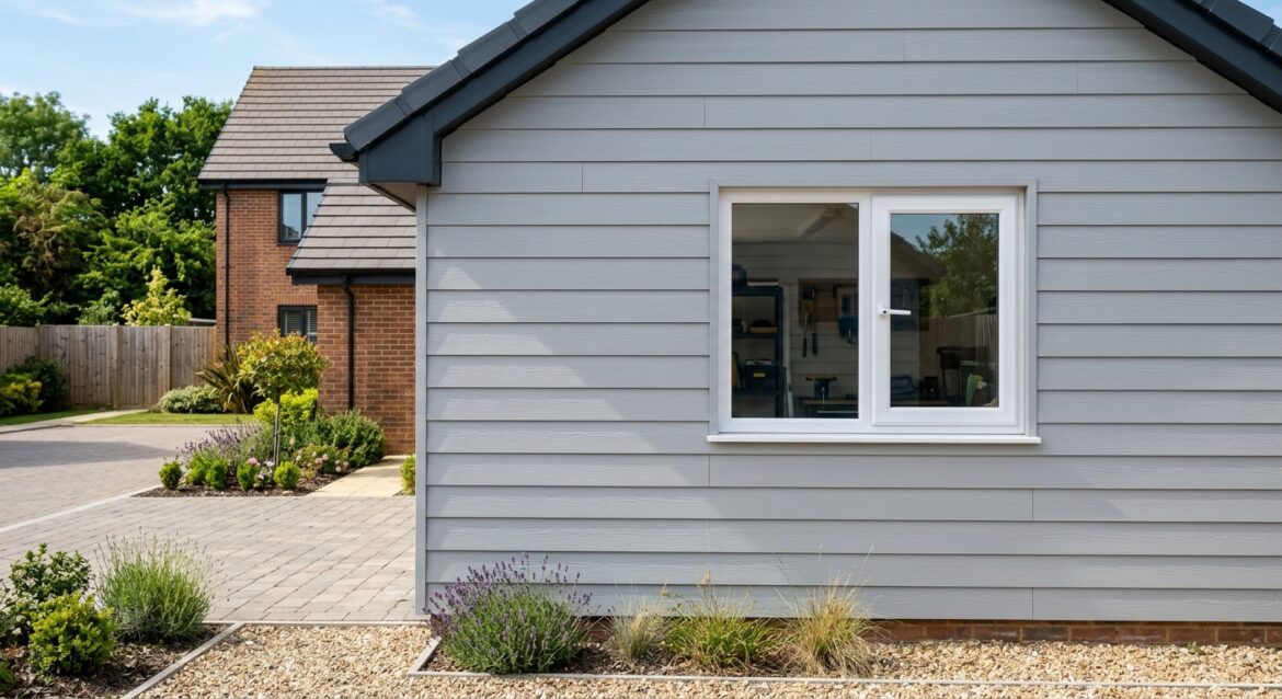Garagenfenster kaufen – weißes Kunststofffenster an moderner Garage von außen