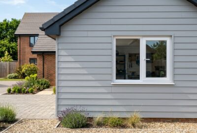 Garagenfenster kaufen – weißes Kunststofffenster an moderner Garage von außen