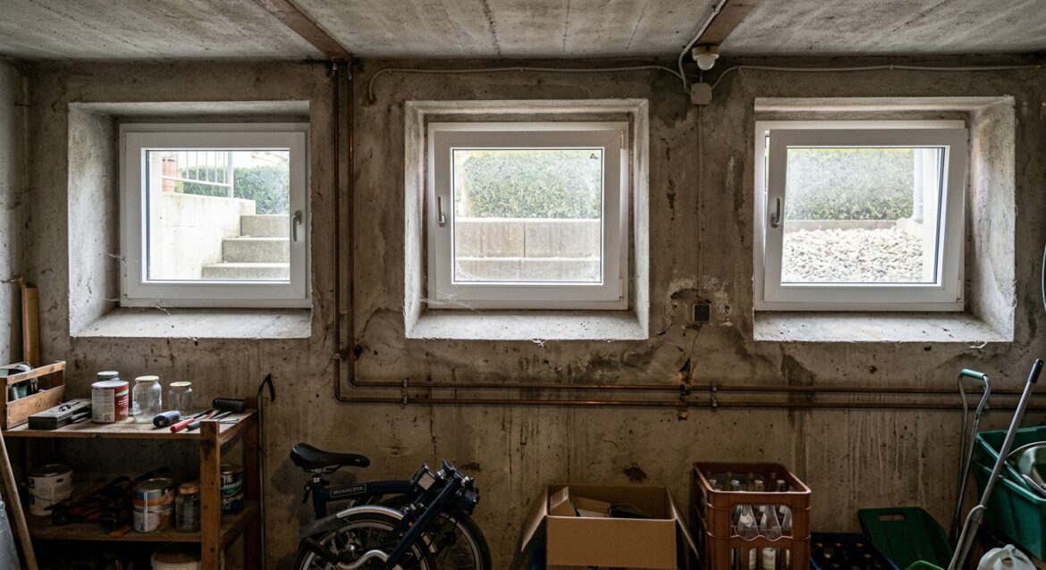 Kellerfenster kaufen – weiße PVC-Fenster im Keller mit Tageslicht von innen