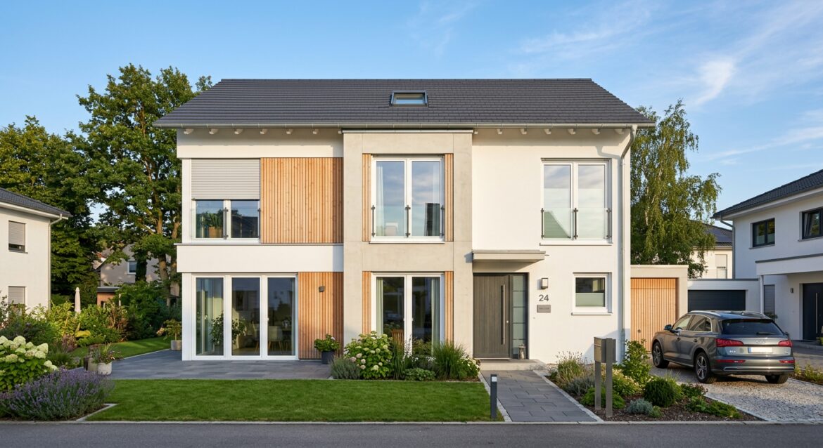 Kunststofffenster Vorteile – moderne Hausfassade mit weißen PVC-Fenstern